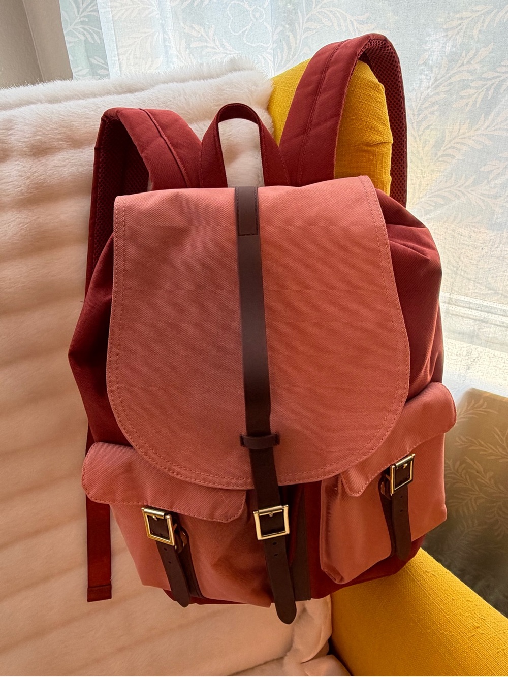 Two-Tone Rusty Pink and Burgundy Canvas Backpack with Brown Trim